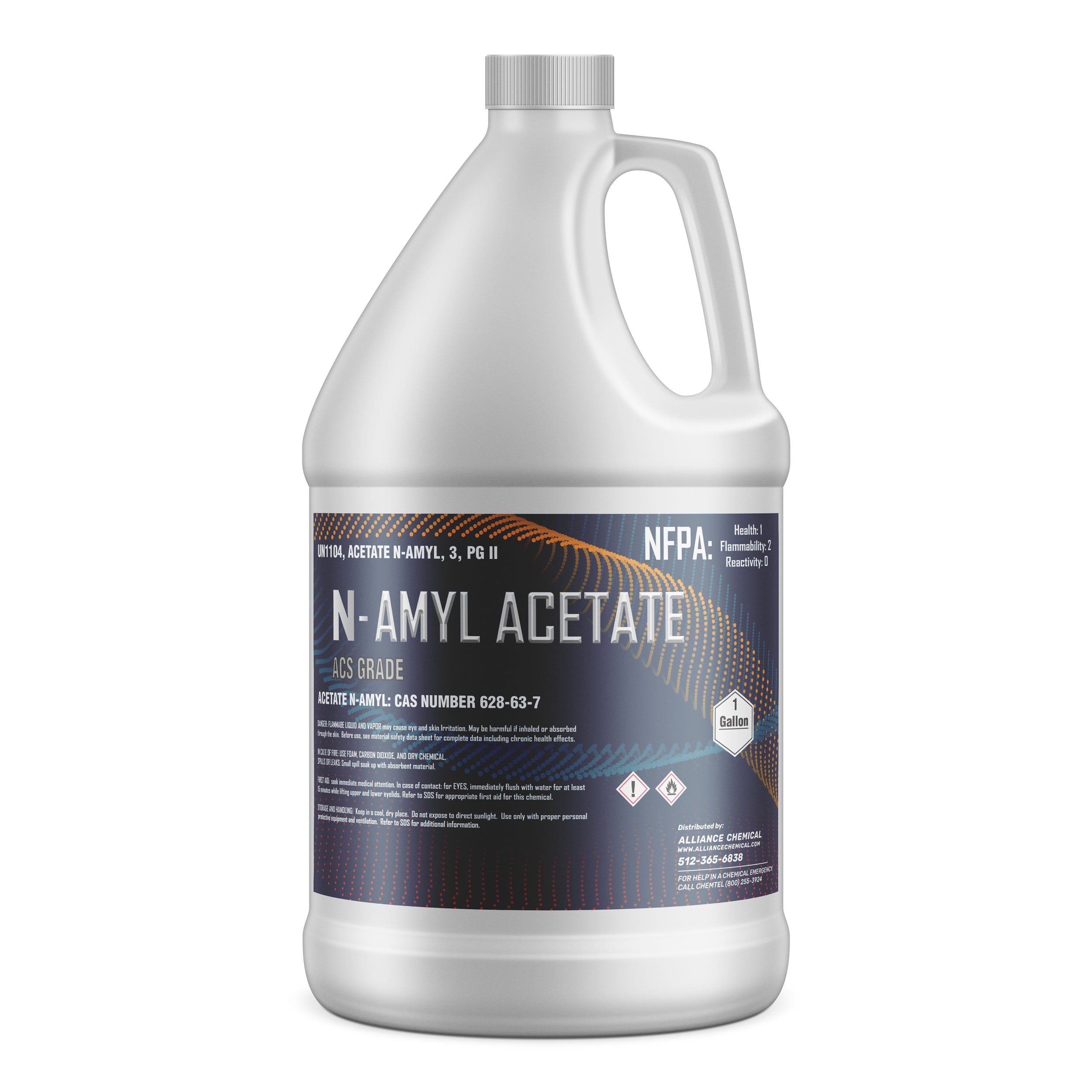 One-gallon N-Amyl Acetate ACS grade in white HDPE jug, featuring NFPA diamond, CAS 628-63-7, Alliance Chemical label with safety warnings and blue-orange gradient design.